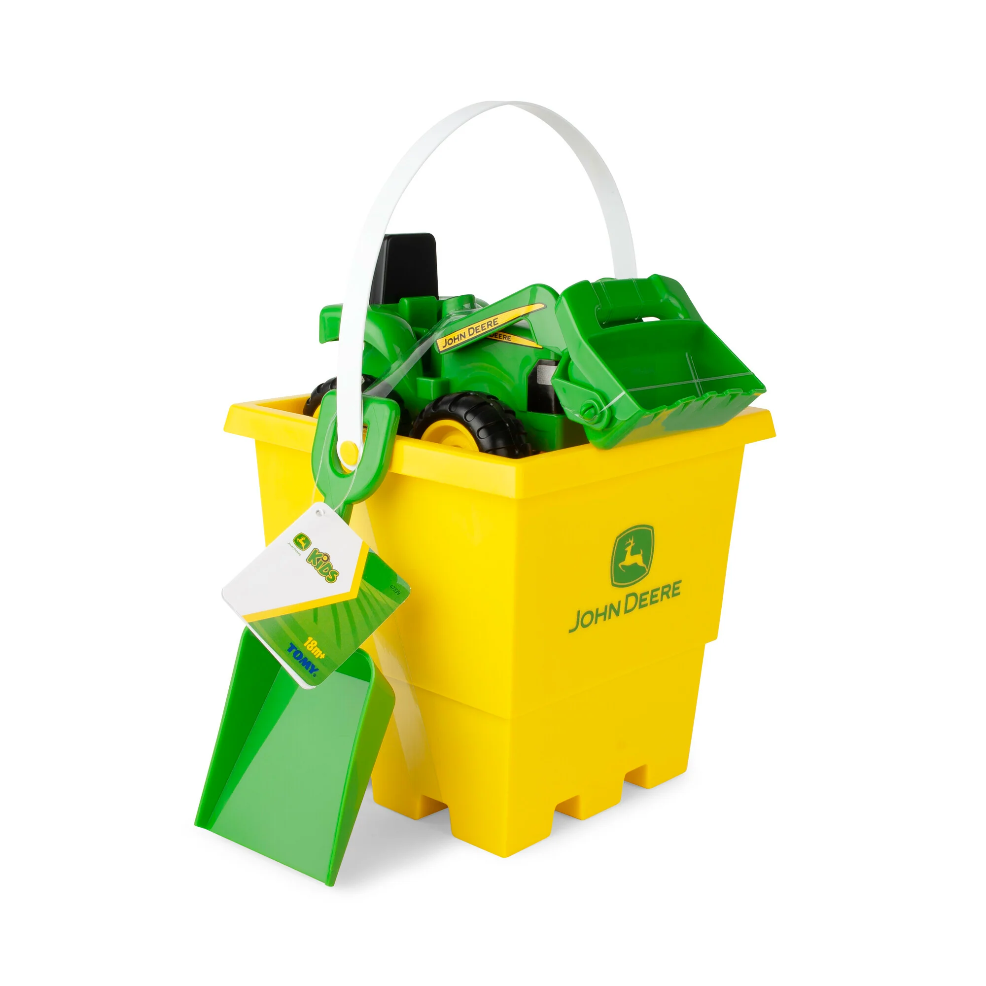 John Deere Sand Pit Bucket Set - Yellow 15cm Bucket, Green Tractor & Green Shovel